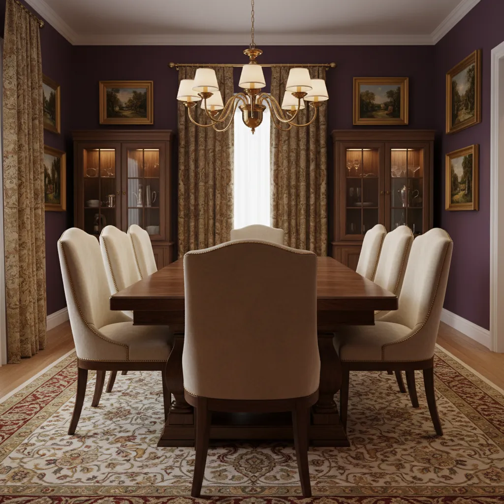timeless dining room with bold walls wood furniture and chandelier