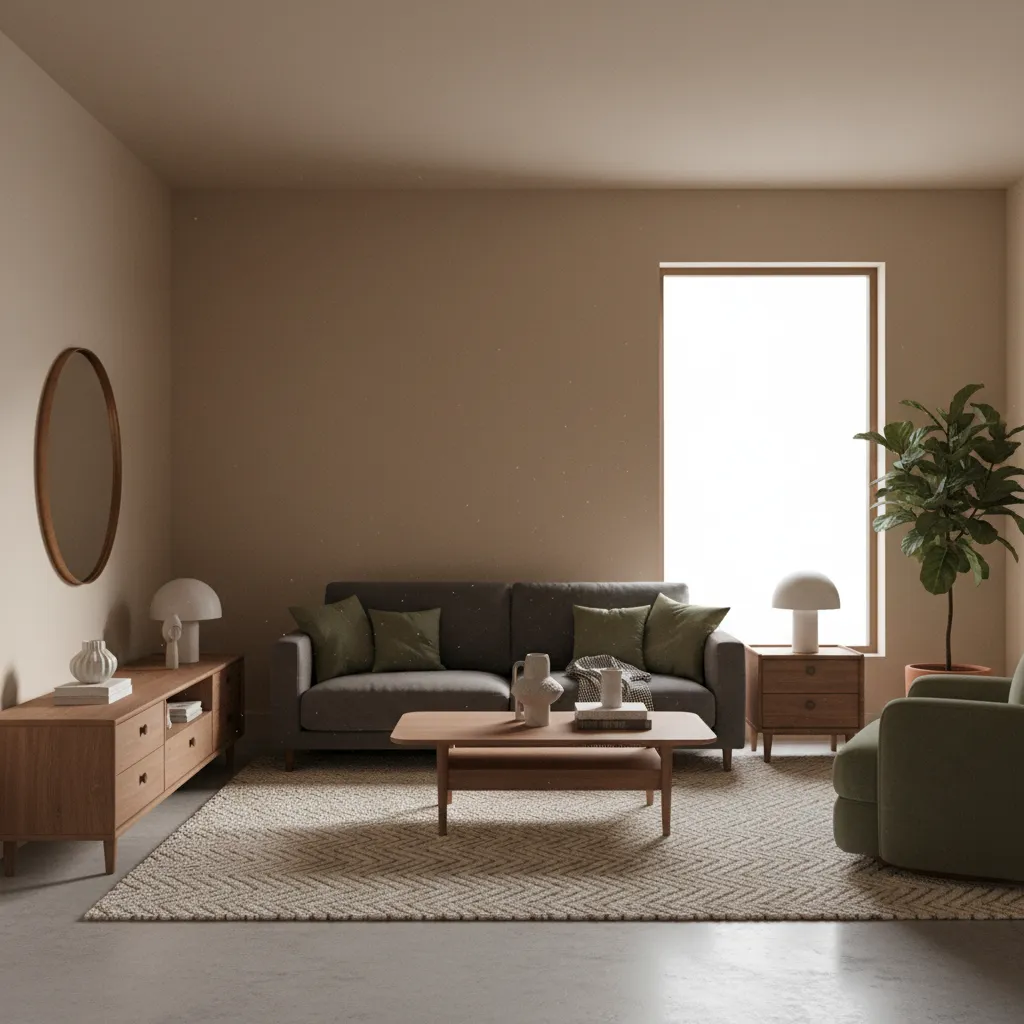 warm earth tone living room with wood textures and olive accents