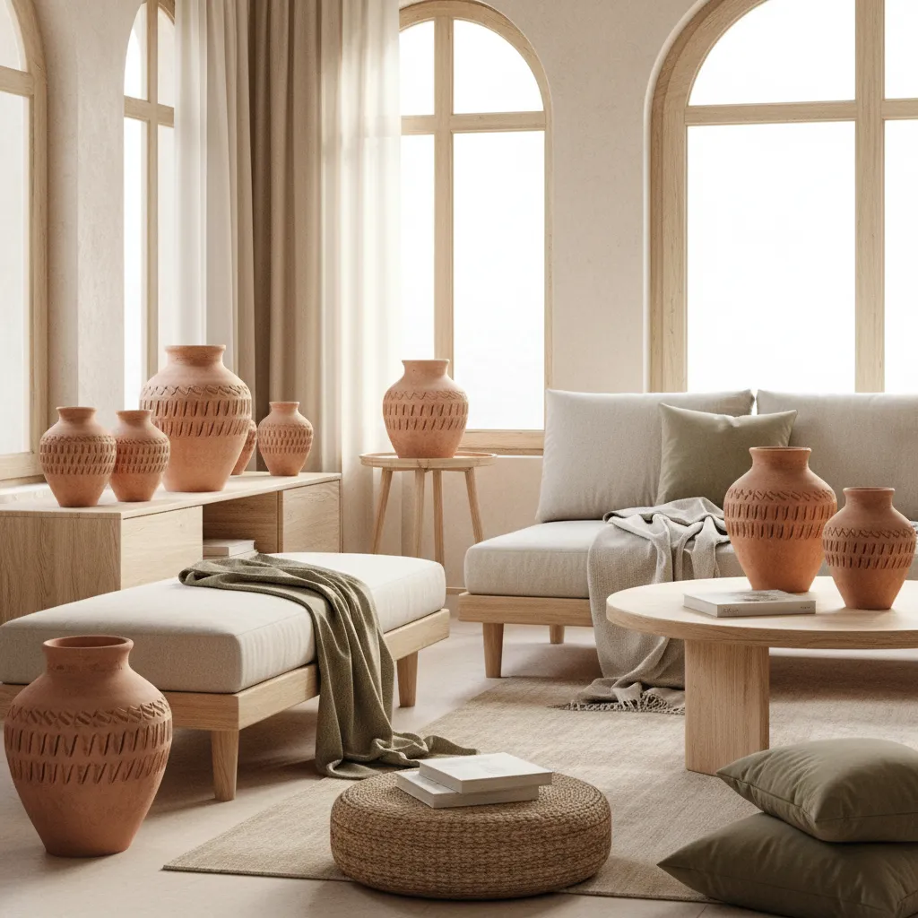 Tinaja de barro combinada con madera clara y textiles naturales