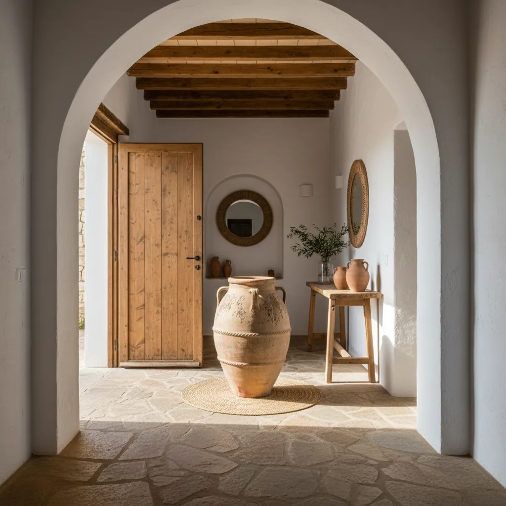 Tinaja de barro grande decorando la entrada de una casa