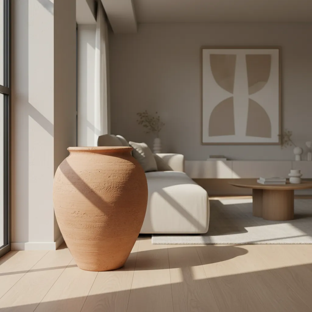 Tinaja de barro grande colocada en el suelo de un salón