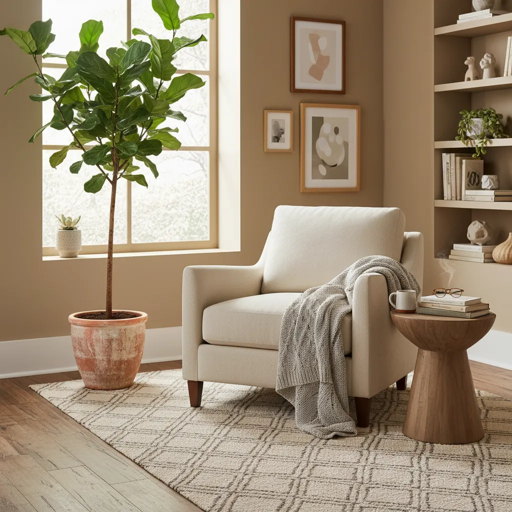 Tinaja de barro decorando un rincón de lectura con planta alta