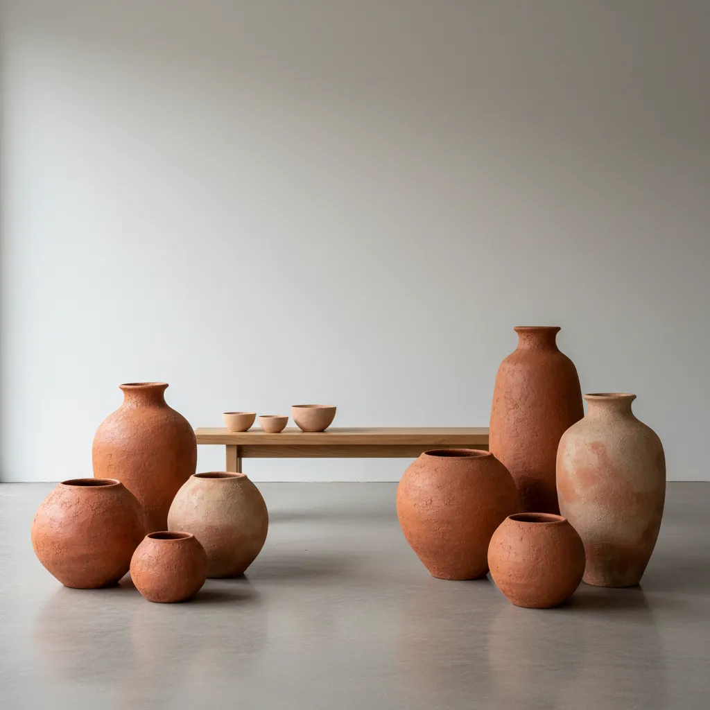 Conjunto de tinajas de barro de diferentes tamaños en interior moderno