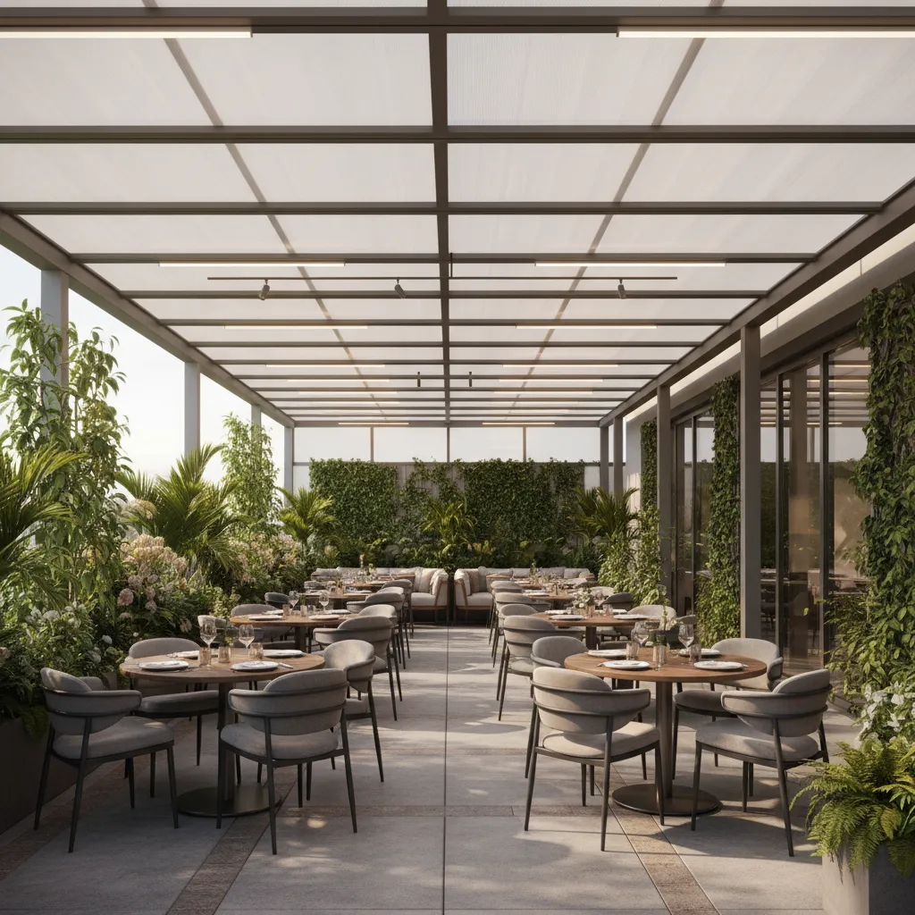 Restaurant patio with tinted transparent roof panels reducing glare