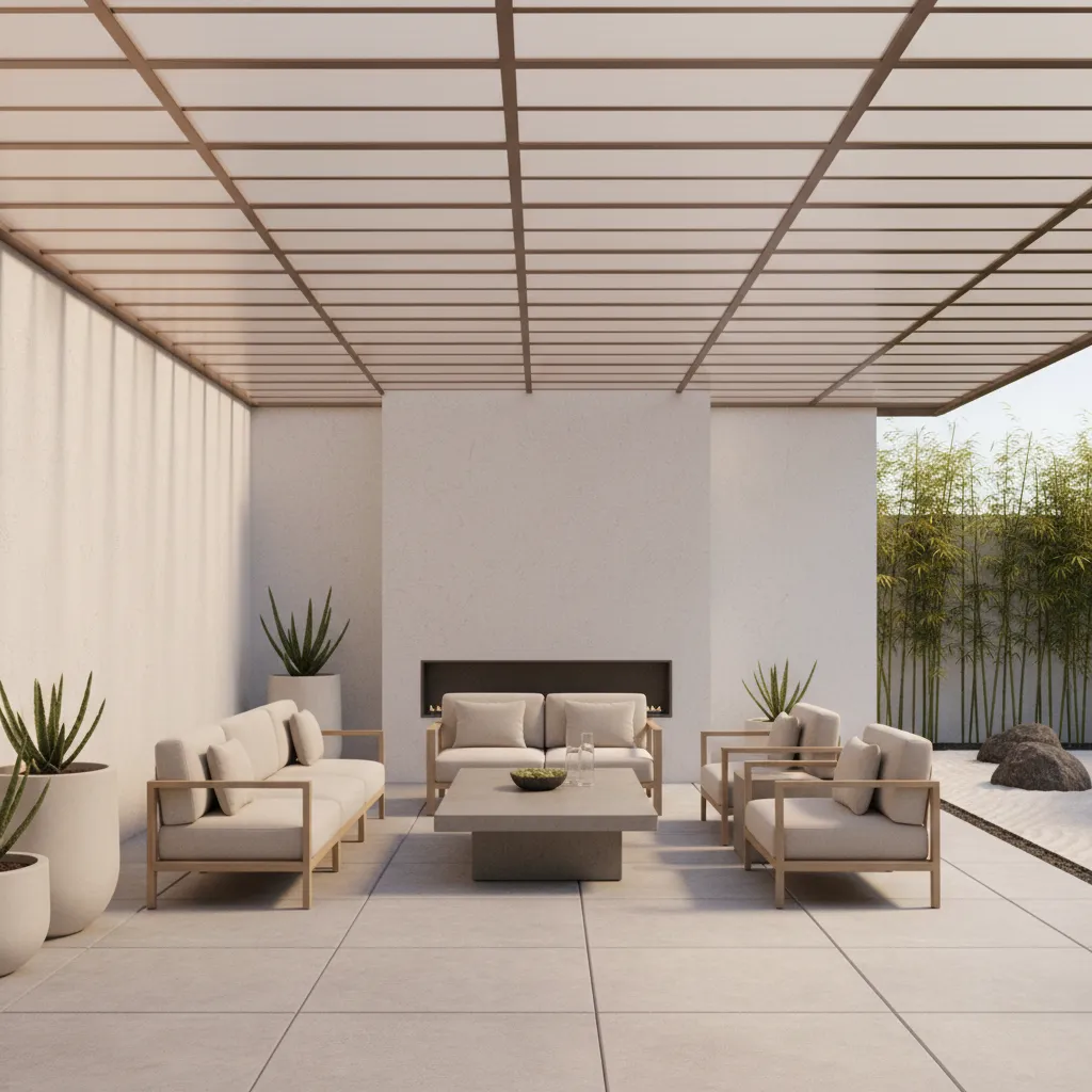 frosted and tinted patio roof panels diffusing sunlight over outdoor seating area