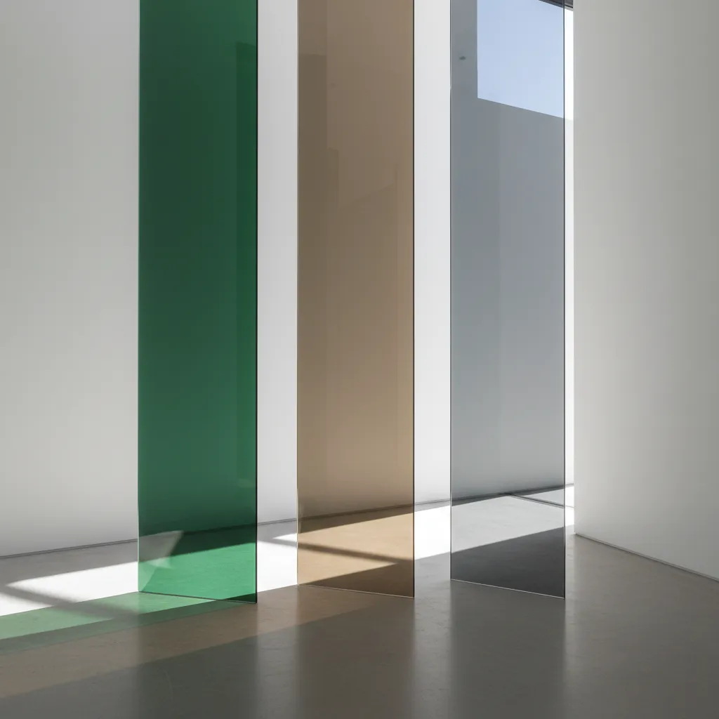 Vertical green brown and grey glass panels casting colored shadows on a bright white floor