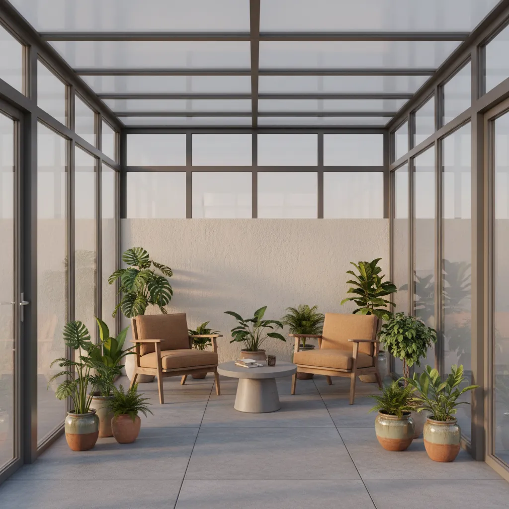 Tinted glass sunroom reducing sunlight heat inside a small glass room