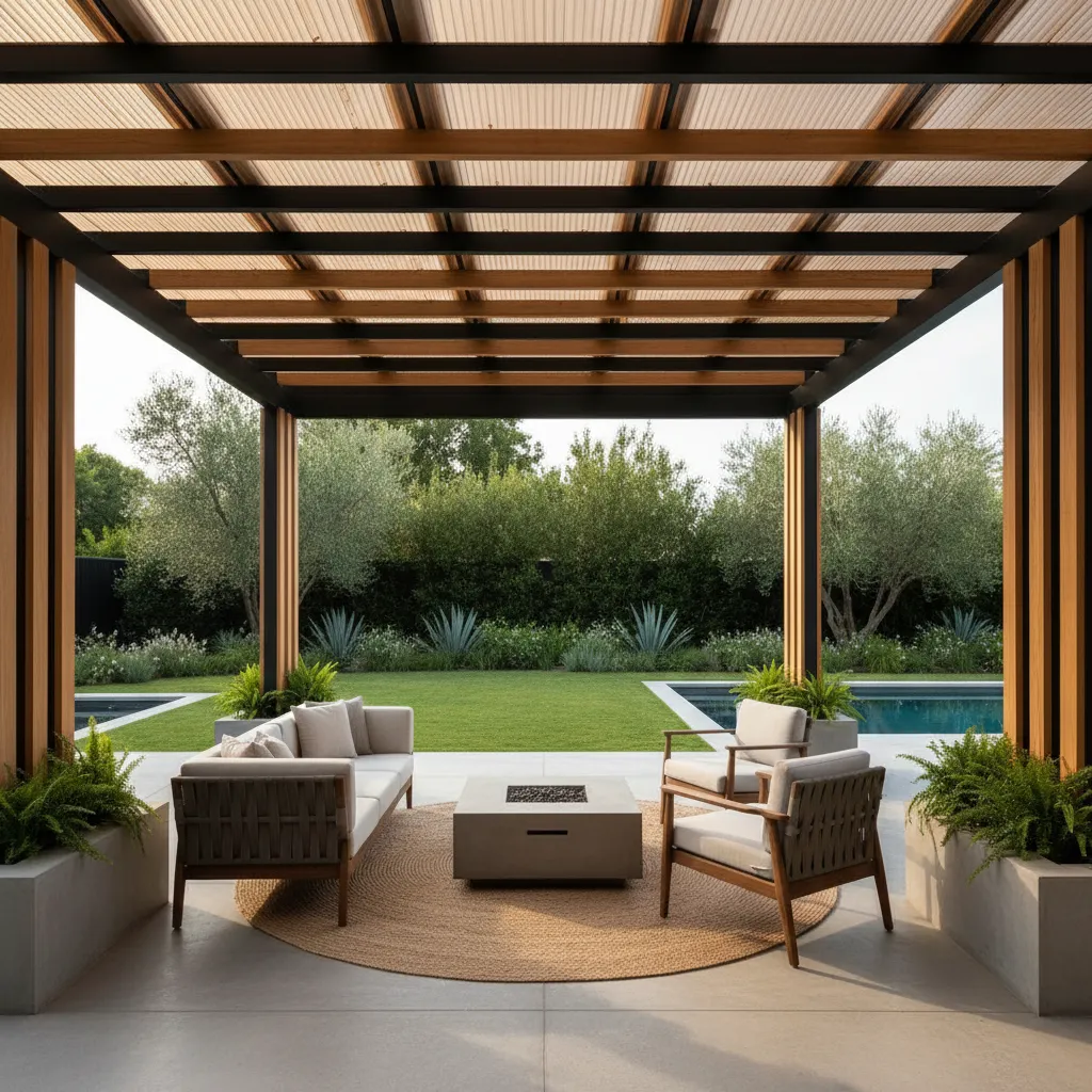 Bronze tinted polycarbonate roofing panels used on a pergola