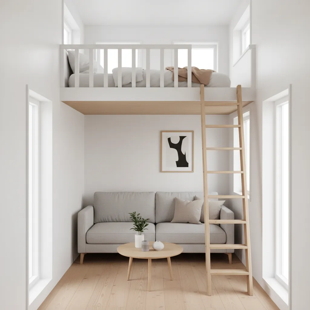 Không gian nội thất nhà 15m2 có gác lửng với phòng khách nhỏ và giường trên loft