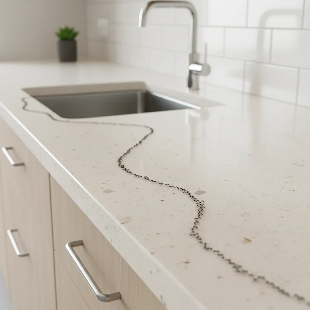 Tiny black ant trail moving along kitchen countertop near sink