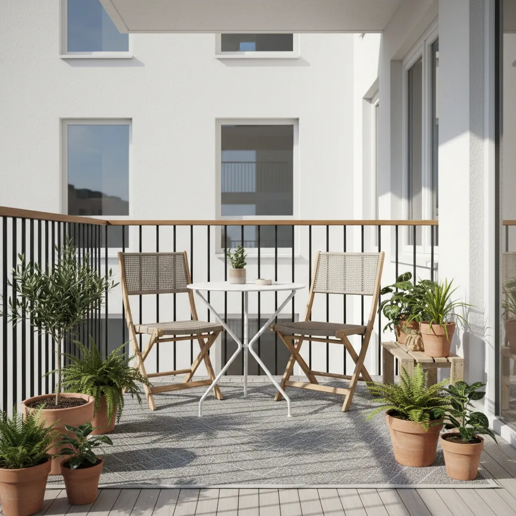 Tiny apartment balcony with foldable chairs plants and outdoor rug