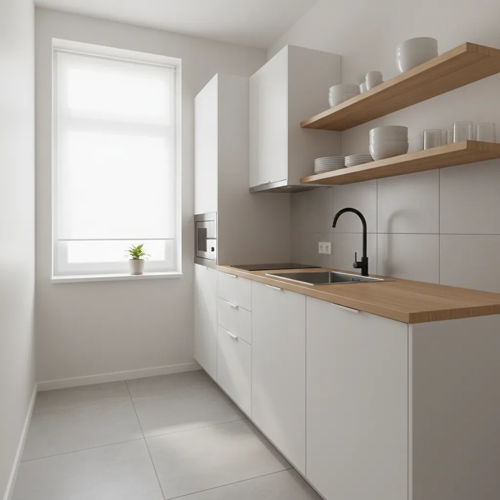 compact apartment kitchen with simple cabinets and open shelves