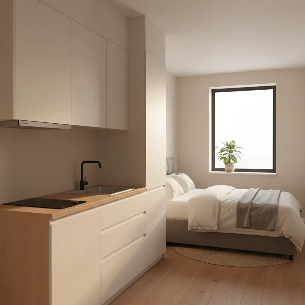 Small apartment kitchenette with safe spacing from bed and clear counter area