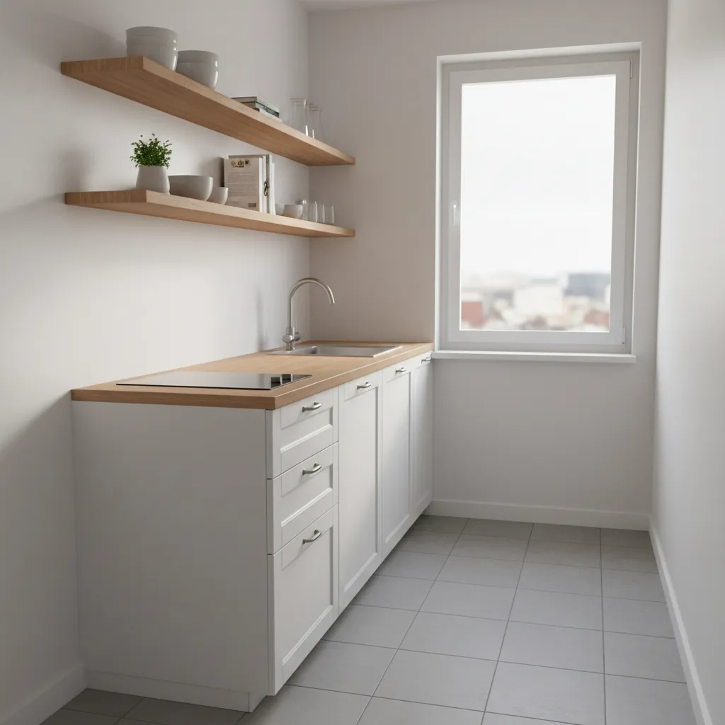 compact apartment kitchen with simple layout and open shelving