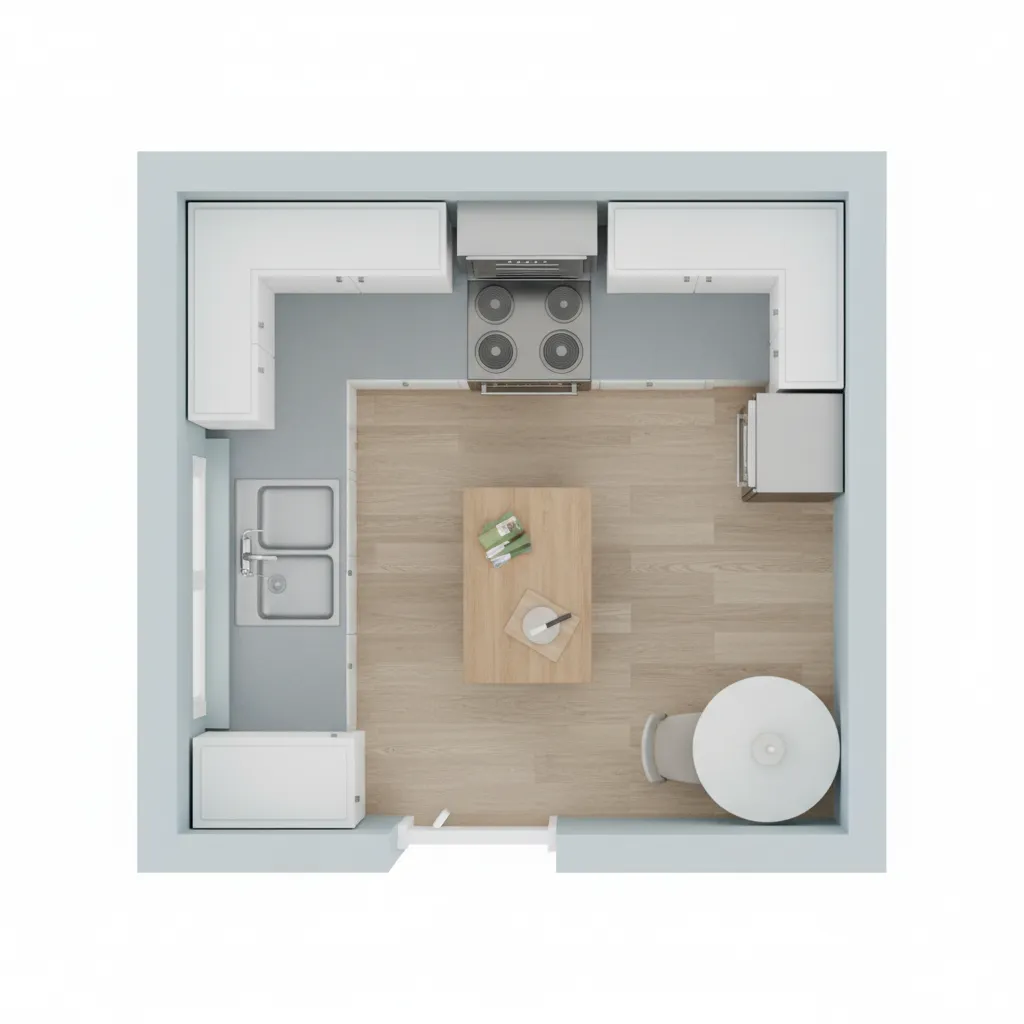 simple tiny apartment kitchen layout showing movement zones
