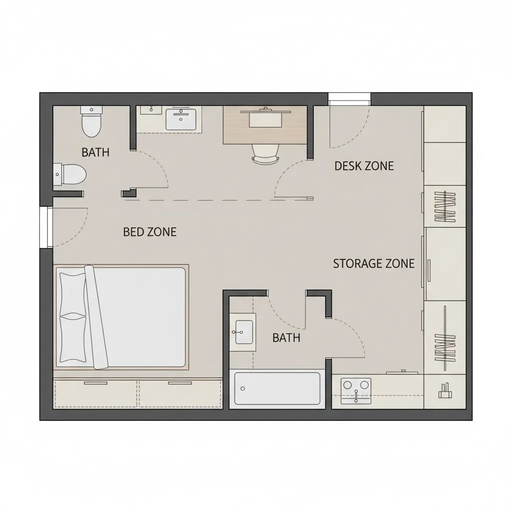 Top-down layout diagram of a 120 sq ft micro apartment showing furniture zones