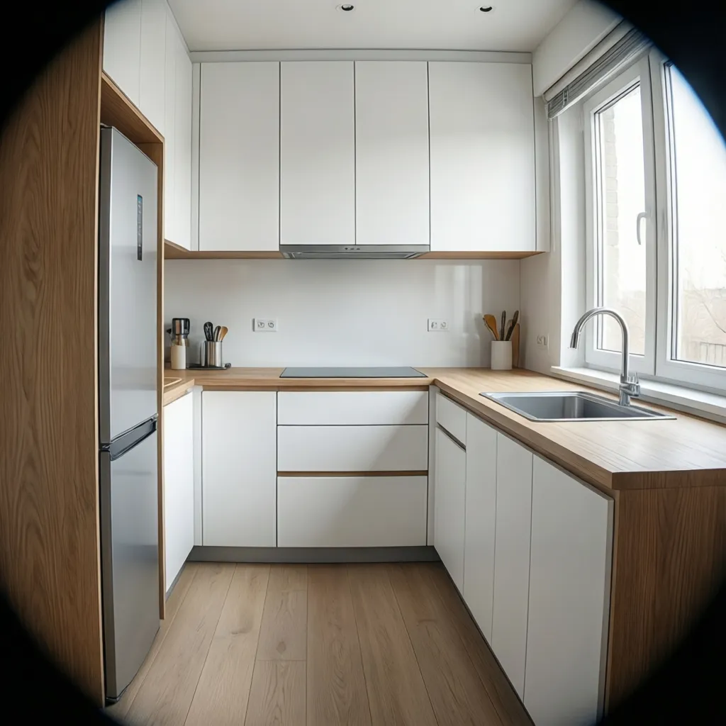 compact modular kitchen in a tiny apartment with efficient storage and clean layout