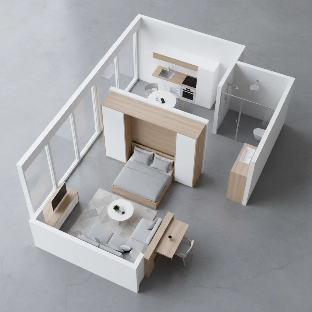 Optimized floor plan layout for a tiny apartment with multifunction furniture