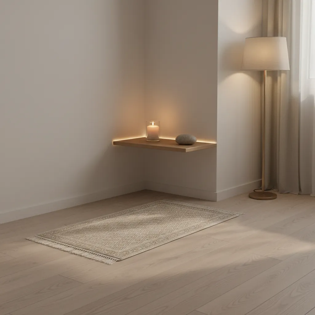 Simple prayer corner with mat and shelf in a compact apartment