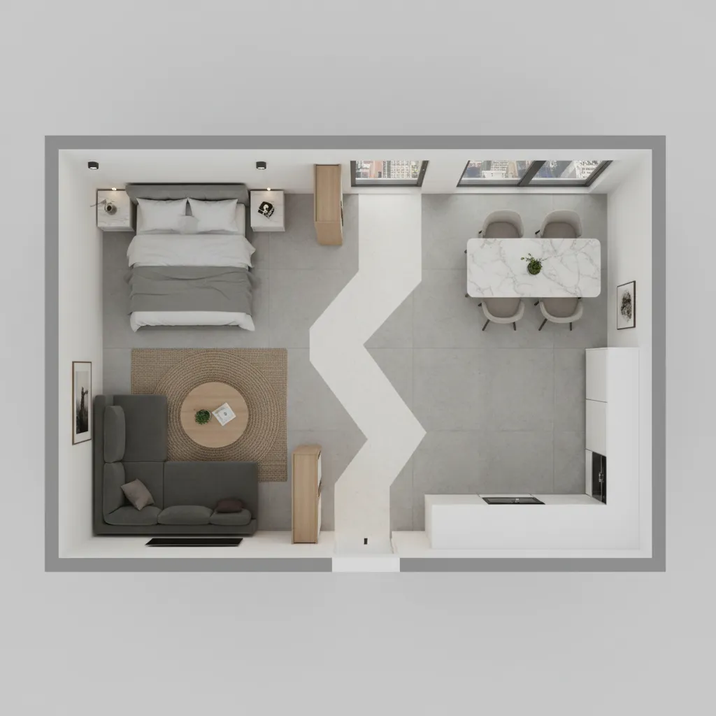Interior design drawing showing studio apartment floor plan with bed sofa dining table and kitchen