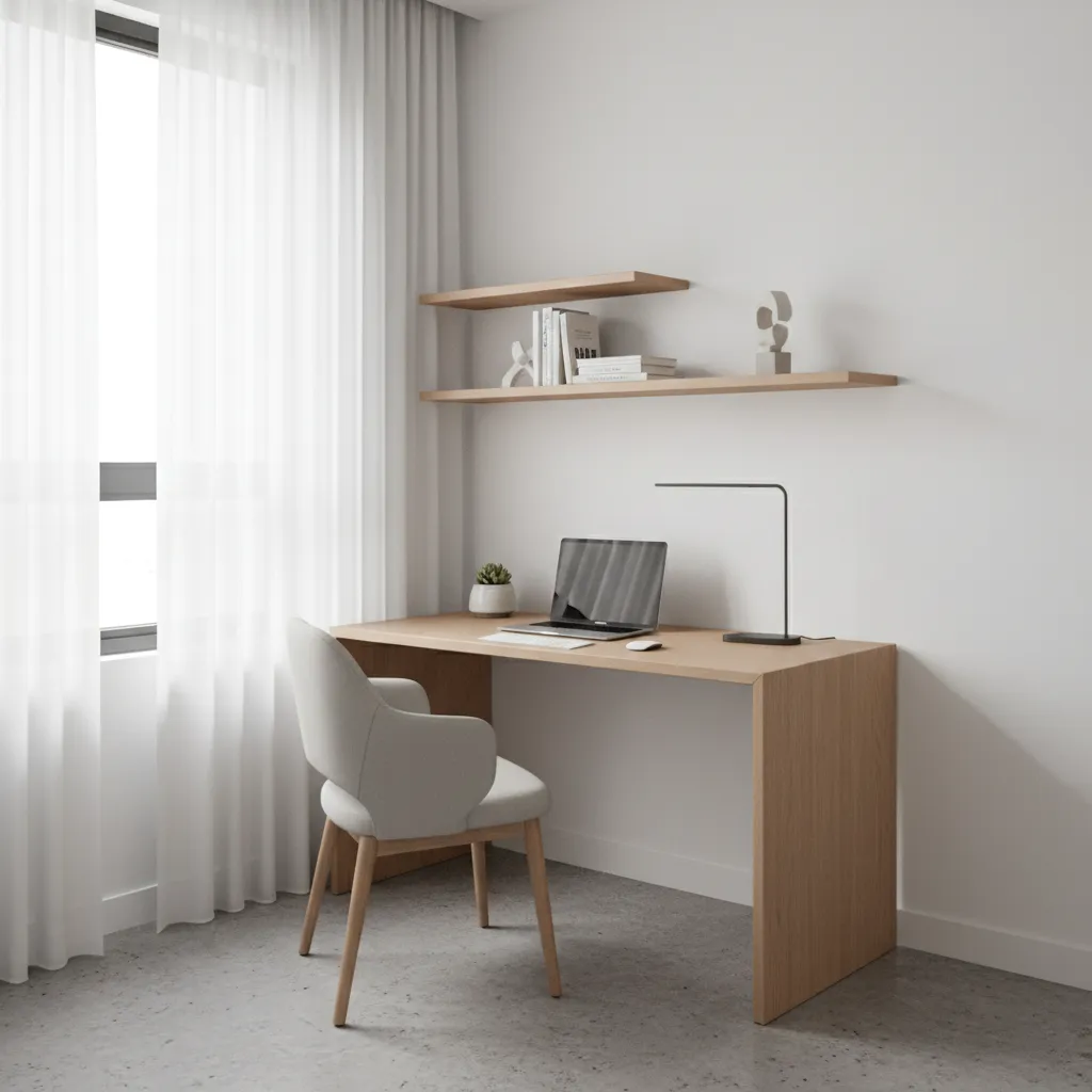 tiny apartment workspace showing smart desk placement near wall and window