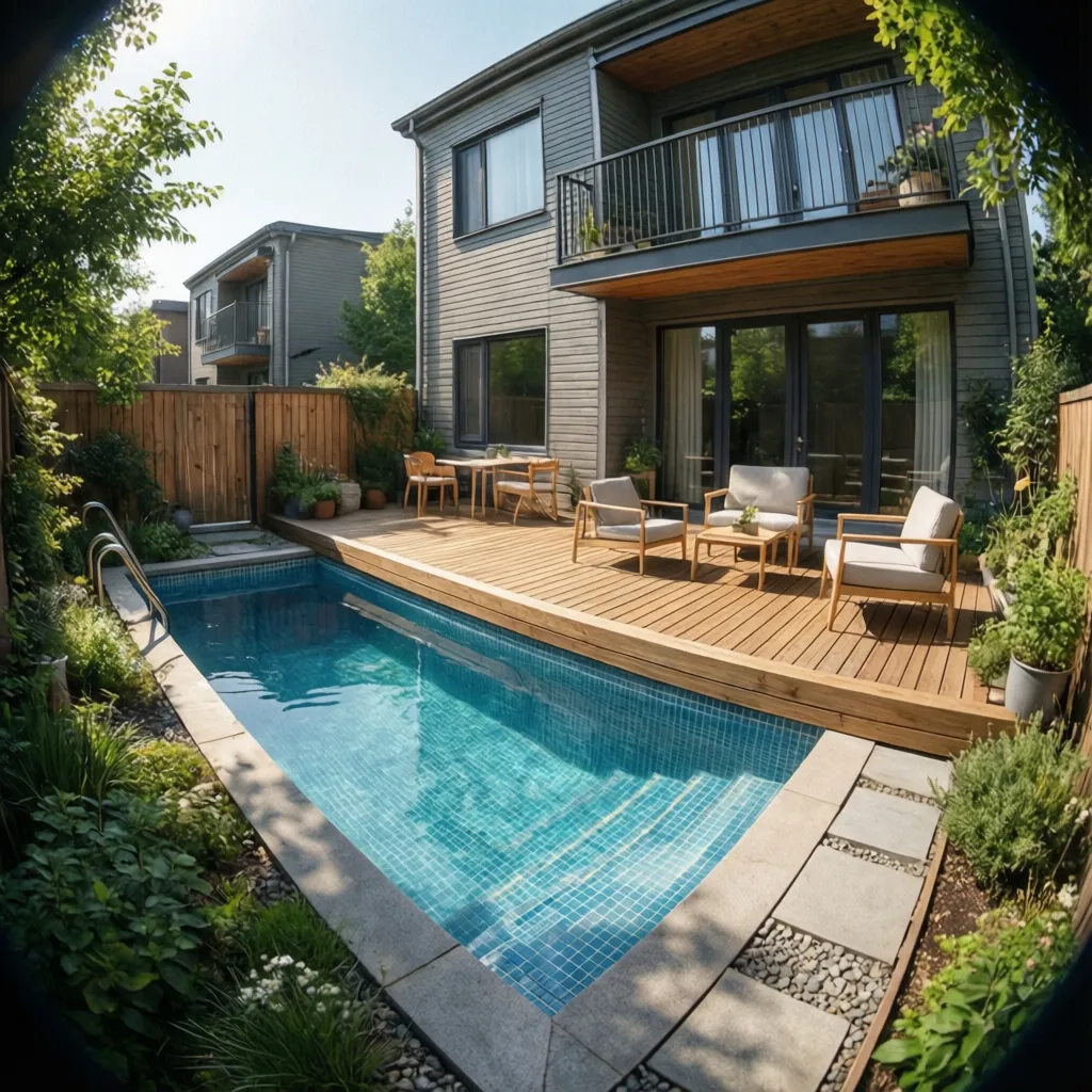 Piscina pequeña integrada con terraza de madera en patio reducido