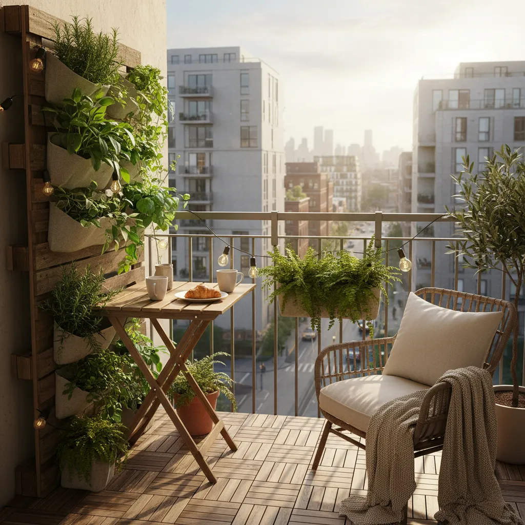 Balcón pequeño con mesa plegable y plantas en vertical