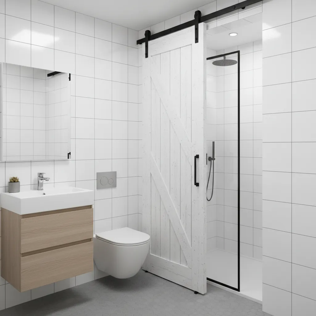tiny bathroom layout using bifold barn door