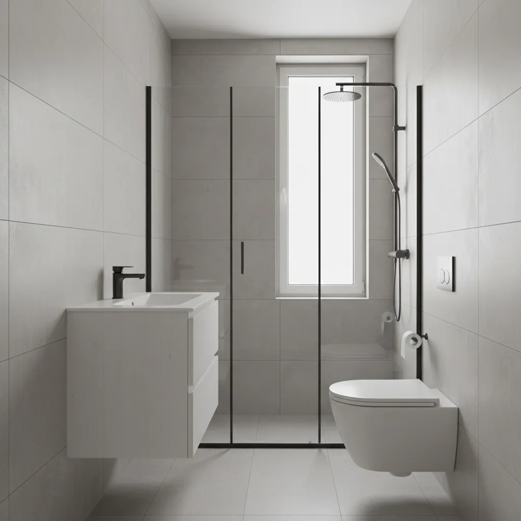 compact bathroom layout with floating vanity toilet and glass shower