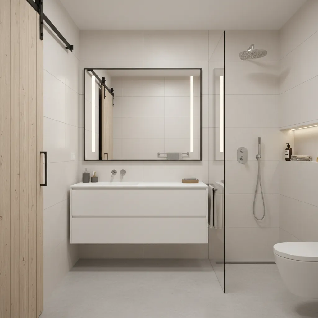 tiny bathroom mirror and lighting design with bifold barn door
