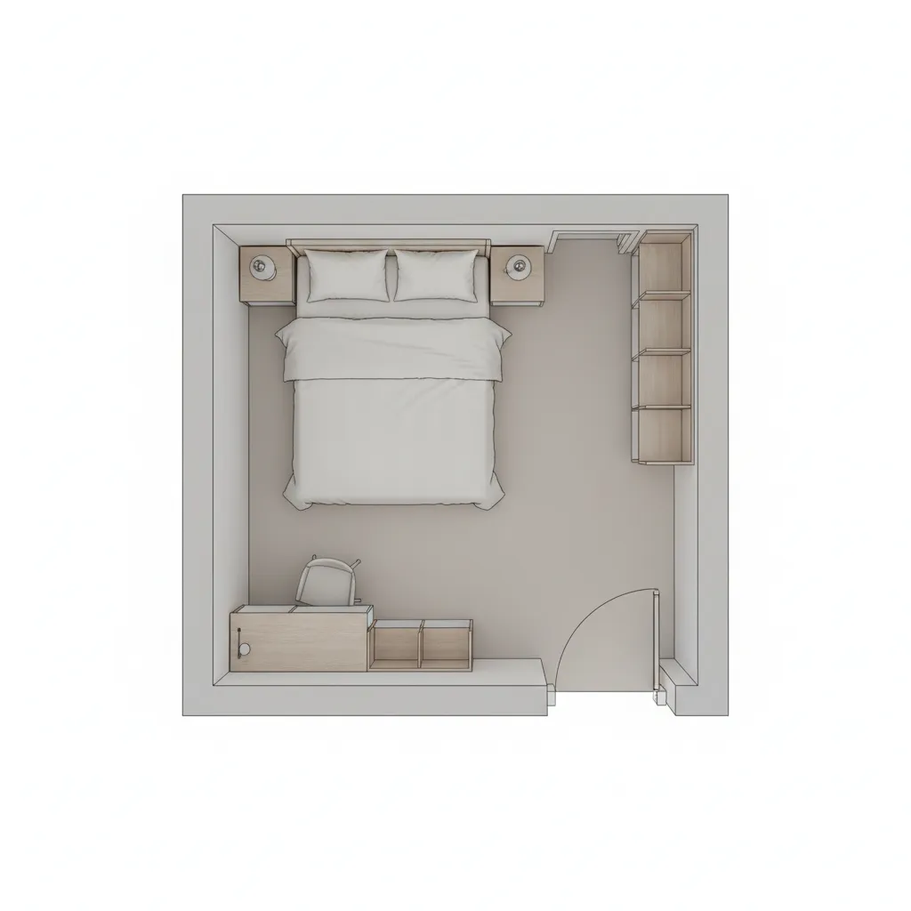 Top down layout diagram for efficient small bedroom furniture placement