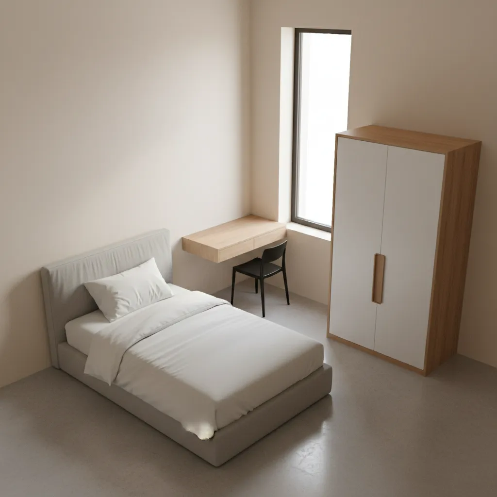 small 80 sq ft bedroom layout with bed, compact desk and walkway space