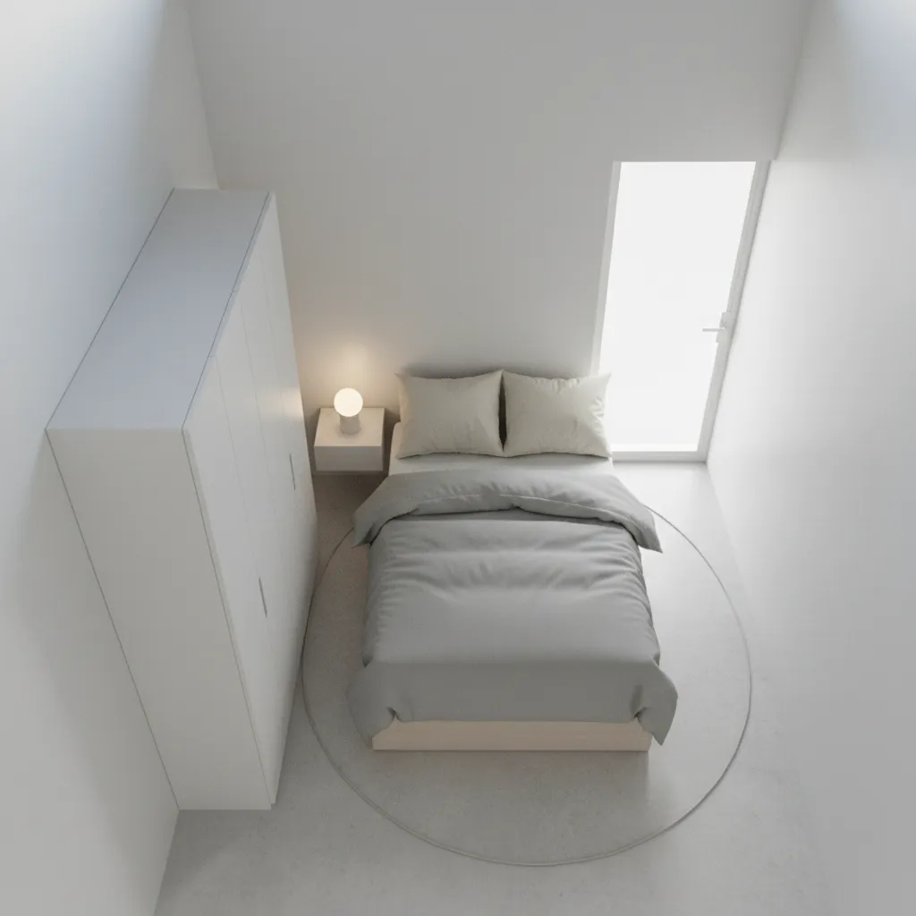 Architectural layout plan style visualization of a tiny bedroom