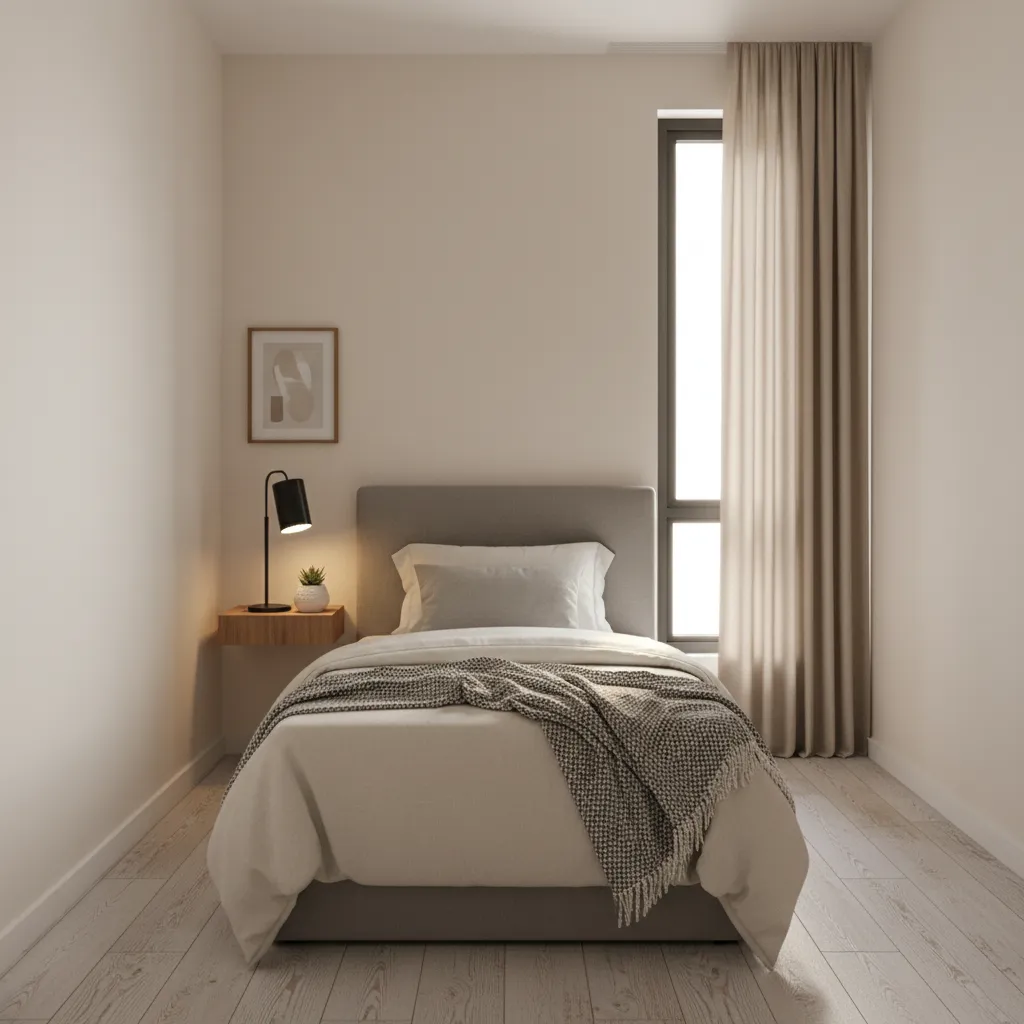 small 8x6 bedroom layout with bed placed against wall