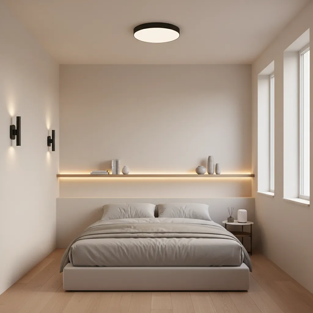 Small bedroom with layered lighting wall sconces and ceiling light