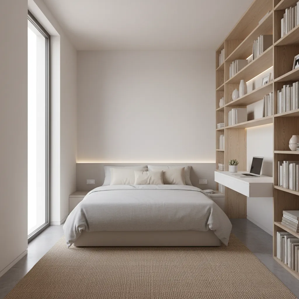 compact 80 sq ft bedroom layout with bed desk and vertical storage