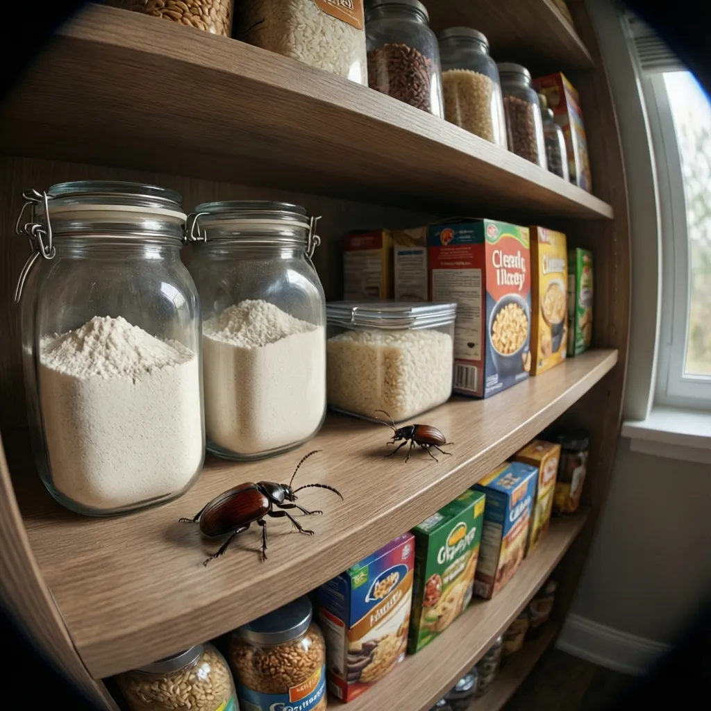 pantry shelf with flour and grains where tiny brown pantry beetles commonly appear