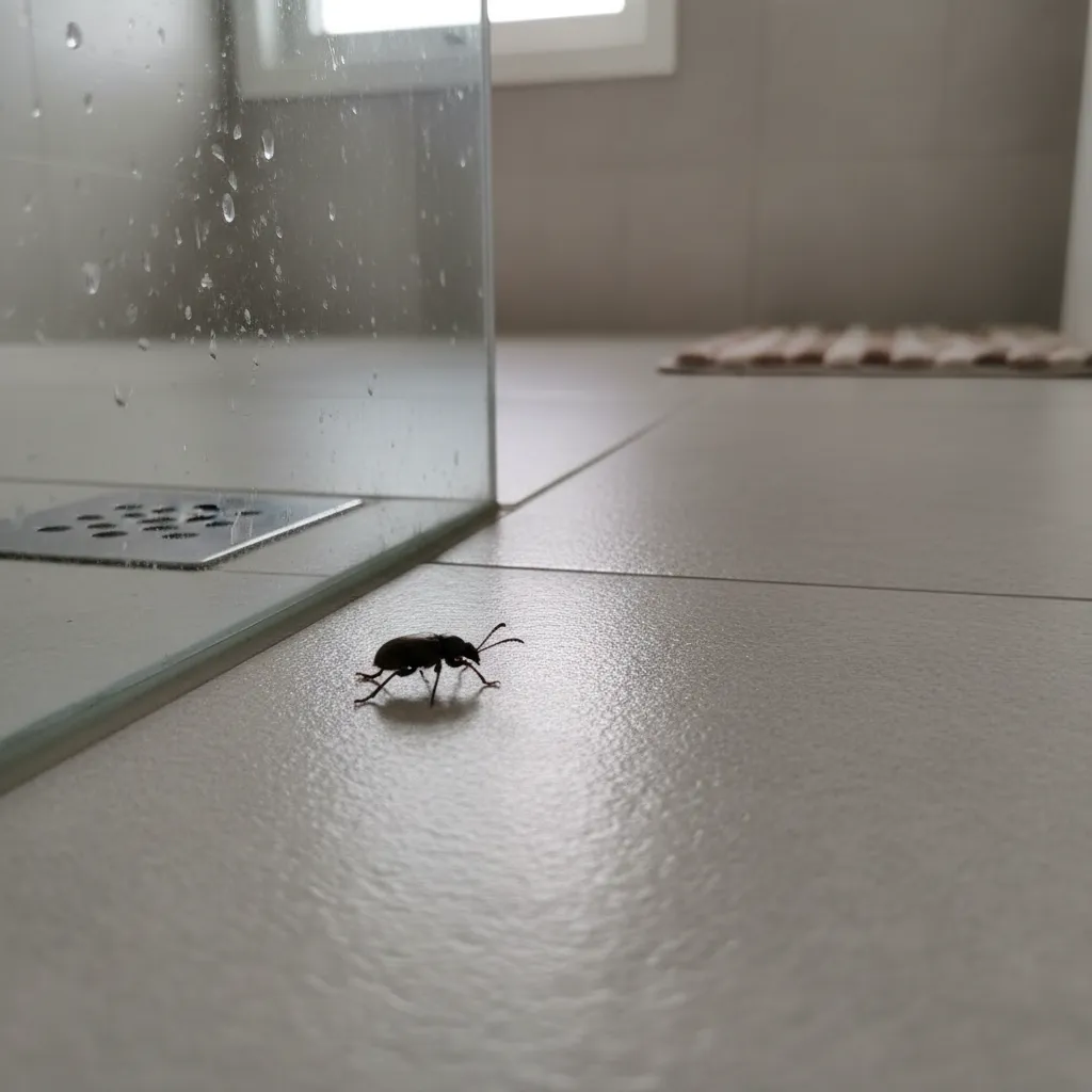 Small brown insect on bathroom tile floor near shower area