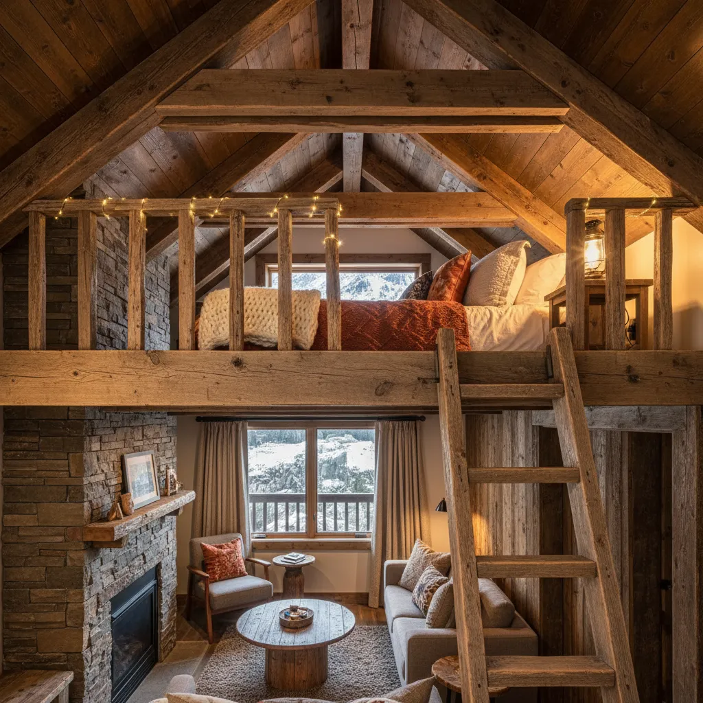 Cama en altillo dentro de una cabaña rústica muy pequeña