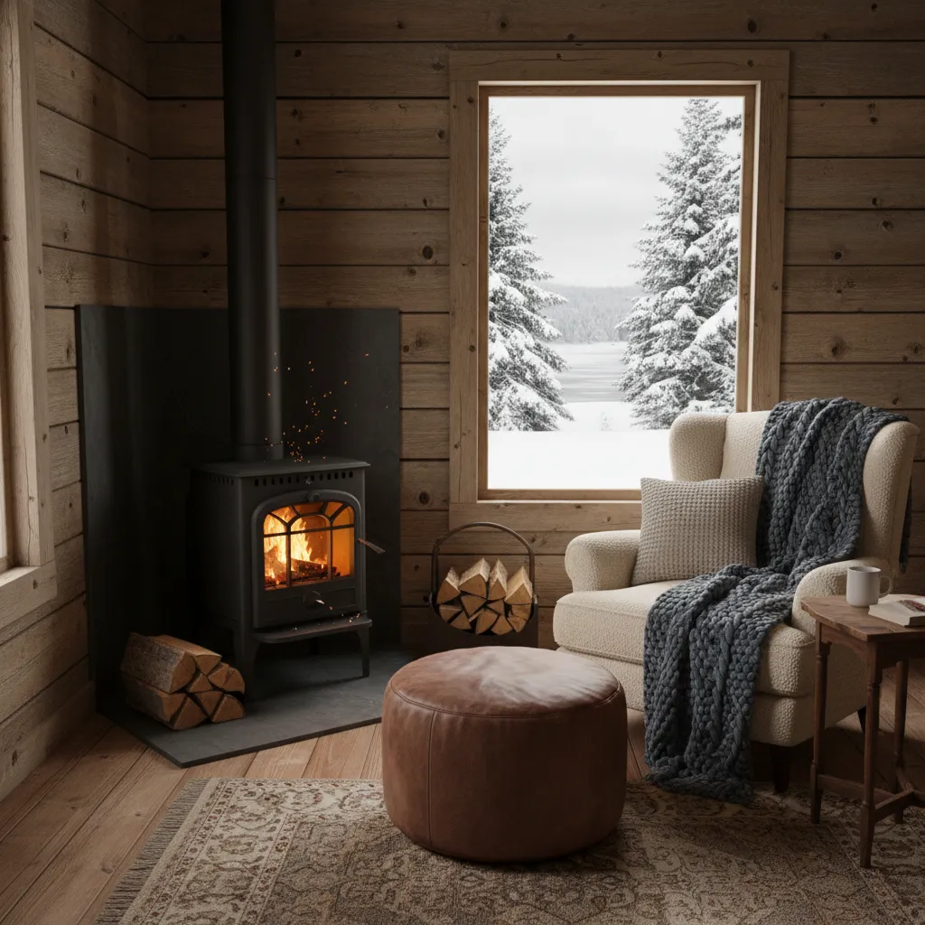 Small cabin interior with compact wood stove heating a living space