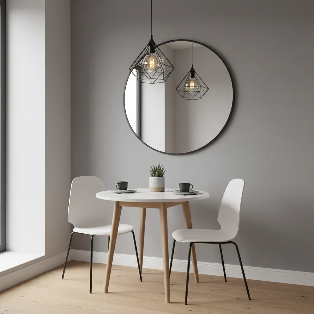 Comedor muy pequeño con mesa compacta y espejo decorativo