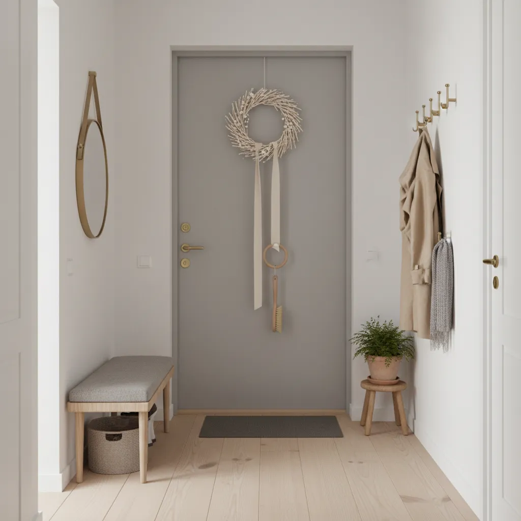 small apartment entryway with vertically arranged door decoration