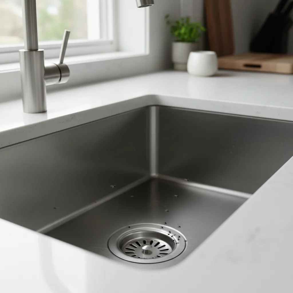small black flies hovering near a kitchen sink drain