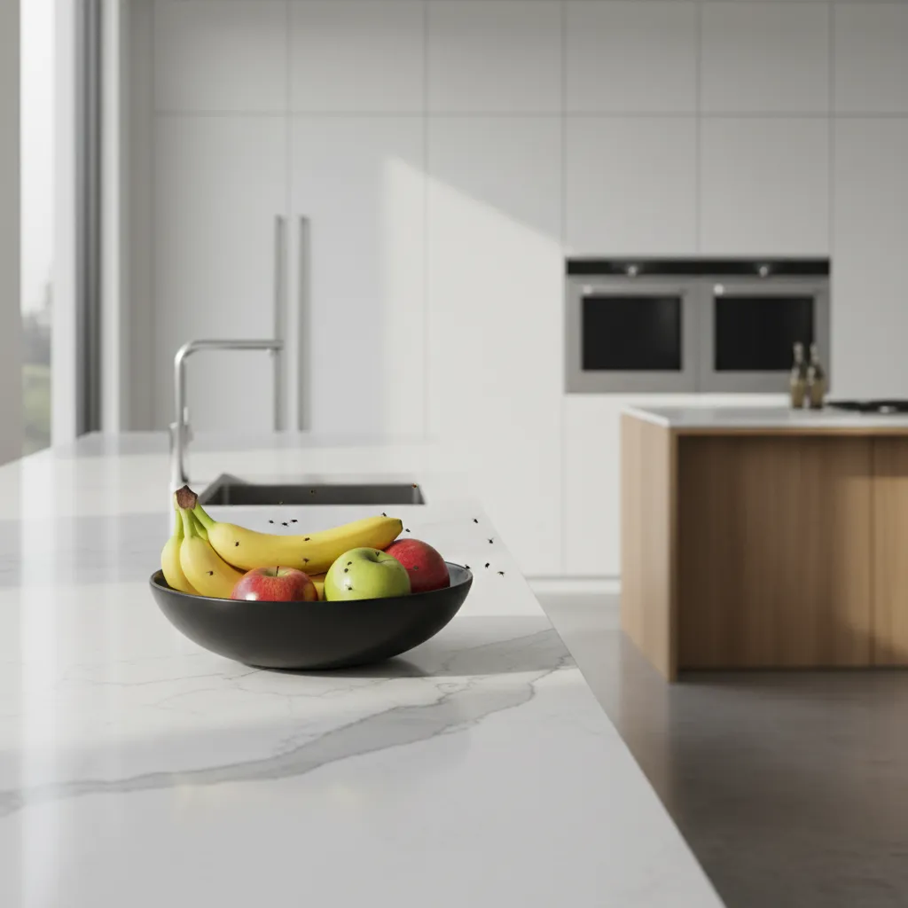 small fruit flies hovering near fruit bowl on kitchen counter