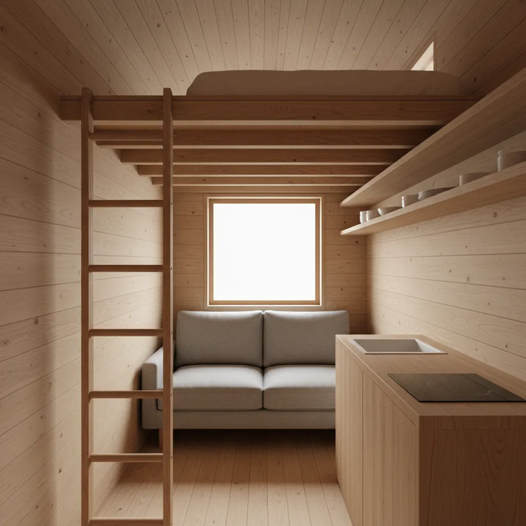 Interior overview of a 120 sq ft tiny house showing loft bed and compact living area