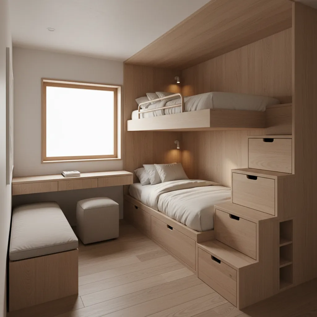 Tiny home built in bunk beds with storage stairs and compact interior design