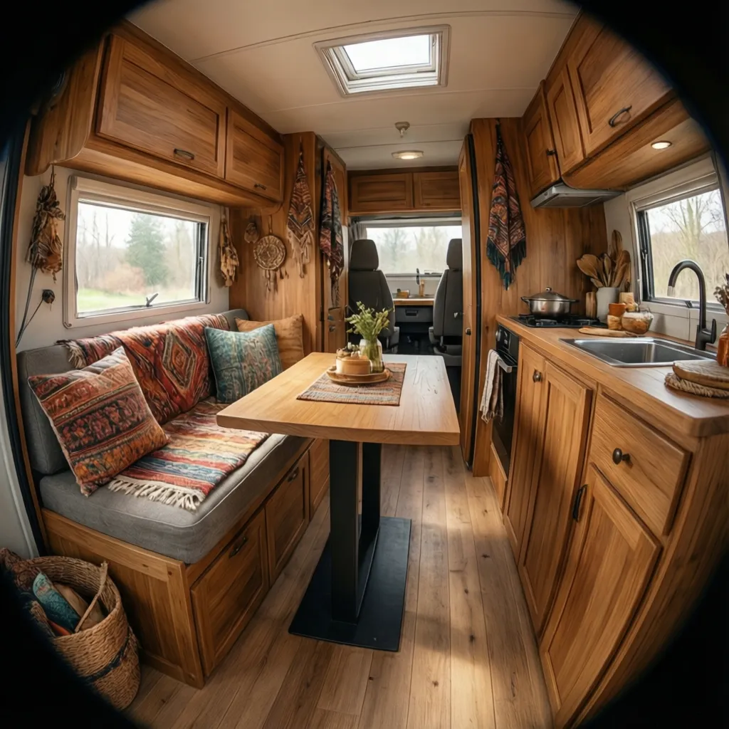 Tiny home interior showing built in seating storage inspired by caravan layout