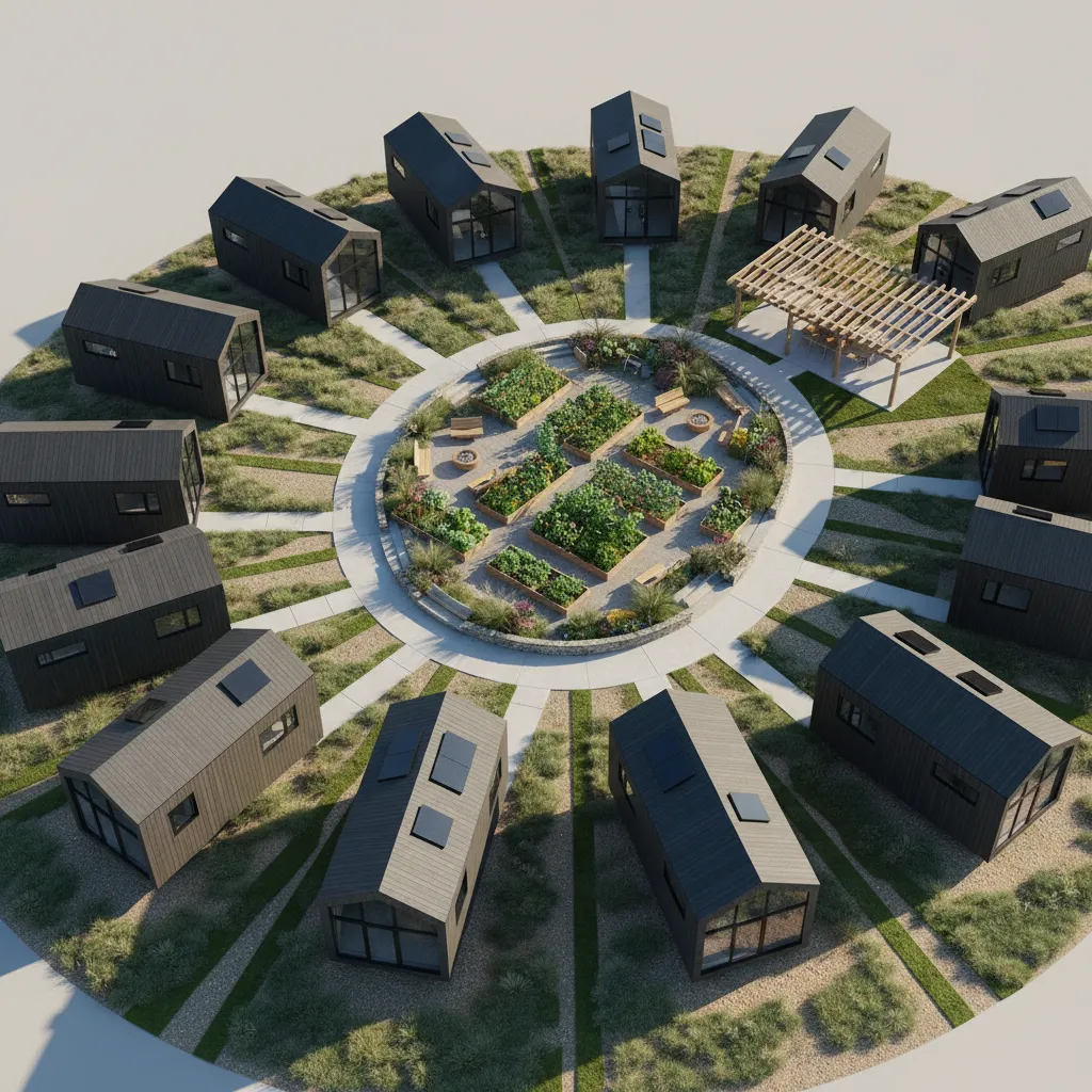 clustered tiny houses arranged around shared courtyard in planned community