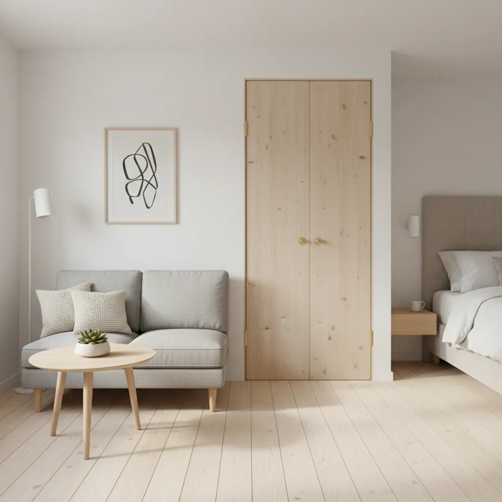 Compact double doors separating living and bedroom area in a tiny home