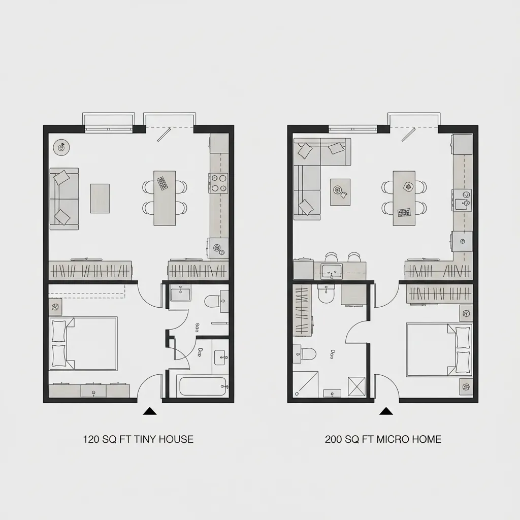 Top view floor plan comparison of 120 sq ft and 200 sq ft tiny homes